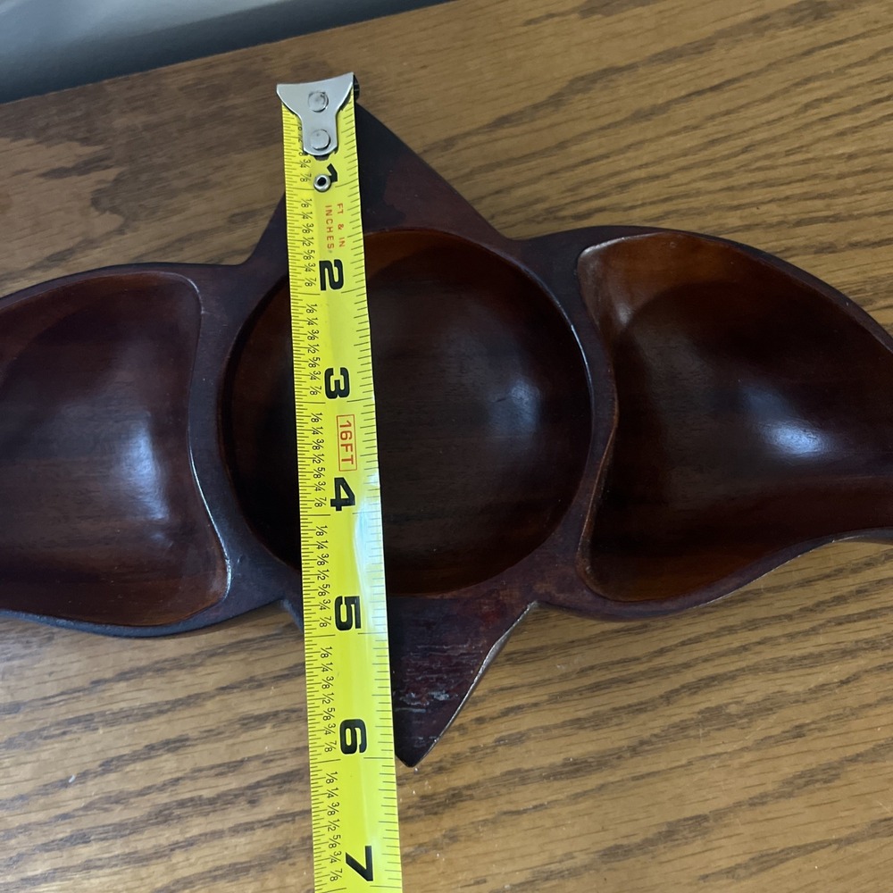 Vintage Solid Wood Bowl Divided Nut Dish Coin Tray Geometric MCM Rare Shape - Picture 12 of 13